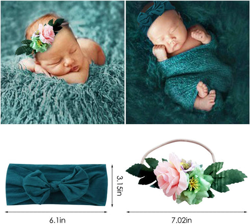 4 Pcs Newborn Photography Props Outfits- Baby Dark Green Long Ripple Wrap and Toddler Swaddle Blankets Photography Mat with Cute Headbands for Infant Boys Girls(0-12 Months)