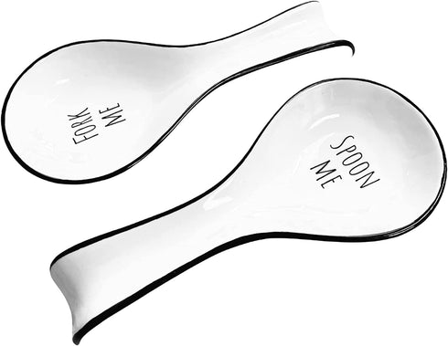 OAKOA 2 Pack Ceramic Spoon Rest for Stove Top - Cute Spoon Rests for Kitchen Counter - Fork Me Spoon Me - Cooking Spoon Holder - Utensil Rest - Ladle Holder - Spatula Rest - Farmhouse White Funny