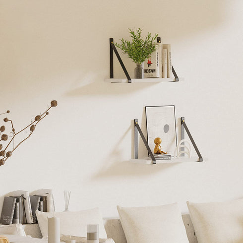 POTEY White Floating Shelves Wall PU Leather Strap for Bathroom Bedroom, Living Room, Kitchen, Set of 2 Solid Wood Hanging Plant Shelf Over Toilet, Modern Home Décor