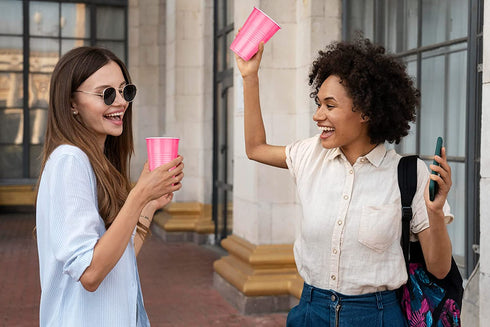 DecorRack 80 Party Cups, 16 oz -BPA Free- Plastic Soda Cups, Perfect for Birthday, Picnic, Indoor and Outdoor Event, Stackable, Reusable, Disposable Round Beverage Drinking Cup, Pink (Pack of 80)
