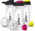 BluePeak Protein Shaker Bottle 28 oz with Dual Mixing Technology, Strong Loop Top, BPA Free, Shaker Balls & Mixing Grids Included - On-The-Go Large Protein Shakers (3 Pack - Black, Yellow, Pink)