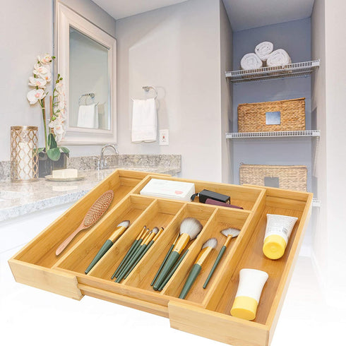 Bamboo Silverware Organizer, Expandable Kitchen Drawer Organizer for Cutlery, Wooden Utensil Holder, Multi-Function Drawer Storage, 5-7 Compartments