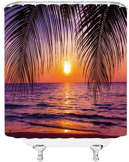 YSATNSFT Ocean Sunset Shower Curtain Tropical Beach Ocean Palm Tree Leaf Sunrise Sunset Theme Orange Sky Sea Water Wave Nature Scenery Fabric Bathroom Decor Set with Hooks(70" WX70 H)