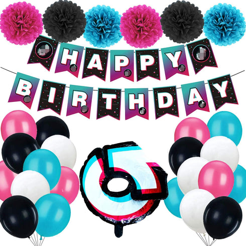TIK TOK Birthday Party Decorations Kit,TIK TOK Party Supplies,Music Party. Included Happy Birthday Banner, Foil balloons,Latex Balloons and paper tissue pom poms for Boys Girls