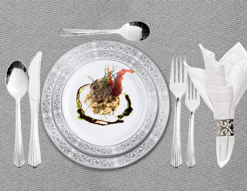 Wedding Venue Shop Plastic Dinner Plates - 10€³ | White/Silver | Pack of 10
