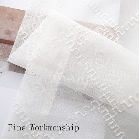 H.ebony White Semi Sheer Curtains with Moroccan Embroidery Trellis Design 63 inch Length for Living Room, Geometric Embroidered Pattern Curtain Panels Ivory Semi Rod Pocket 2 Panels,52" Wx63 L