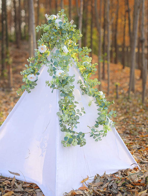PARTY JOY 6.5ft Seeded Eucalyptus Garland with Flowers-8 White Roses-Lush,Natural Looking, Floral Garland Greenery Garland for Party Wedding Table Indoor Outdoor Backdrop Wall Decor?White,1?