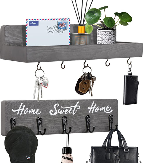 OurWarm 2 Pcs Key Holder for Wall Decorative with 10 Key Hooks, Wall Mounted Key Hangers for Wall with Mail Key Rack, Wooden Mail Organizer with Shelf, Rustic Home Decor for Entryway Hallway (Grey)