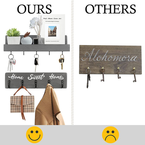 OurWarm 2 Pcs Key Holder for Wall Decorative with 10 Key Hooks, Wall Mounted Key Hangers for Wall with Mail Key Rack, Wooden Mail Organizer with Shelf, Rustic Home Decor for Entryway Hallway (Grey)