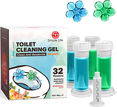 Simple Life Toilet Bowl Cleaner, Fresh Flower Gel Stamps, Stops Limescale and Stains with Air Freshening Scent, Deodorizing Clean (32 Stamps, Blue & Green)