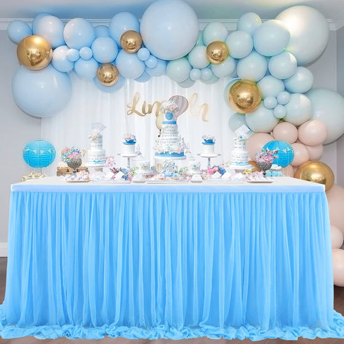 Tulle Blue Table Skirt 6FT Tulle Tablecloth Wrinkle Free Tutu Table Skirts for Birthday Party Baby Shower Wedding Bridal Shower Home Decor