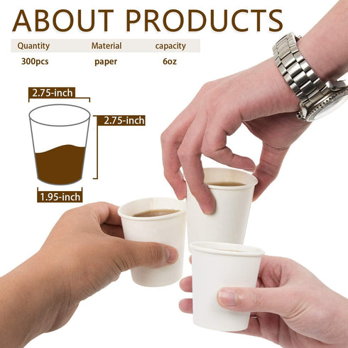 Vumdua 300 Pcs 6 oz Disposable Paper Cups, Hot/Cold Beverage Drinking Cup for Coffee, Water, Tea, Juice, Espresso & Cortado (White)