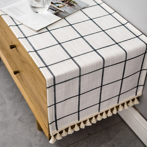 Anoifada Table Runner 72 Inches Long, Plaid Farmhouse Runner with Tassels, Party Holiday Dinner, Cotton Linen