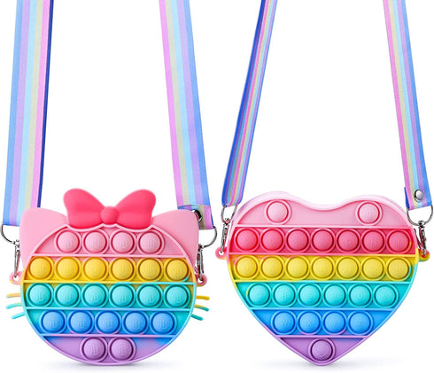 OUMEE 2 Pack Pop Purse Bag Fidget Toys for Girls, Easter Gift Rainbow Pop Fidgets Shoulder Bag Crossbody, Silicone Push Bubble Popper Backpack Easter Decoration Pop Toy for Stress Relief (Cat&Heart)
