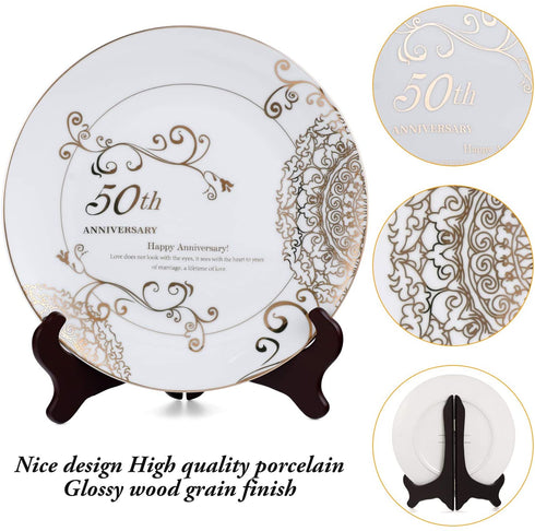 CQNET 50th Anniversary Wedding Plate Porcelain Gold Plate with Stand for 50 Year Golden Wedding Anniversary Valentine's Day Couple Grandparents Gift for Him or Her (50th)