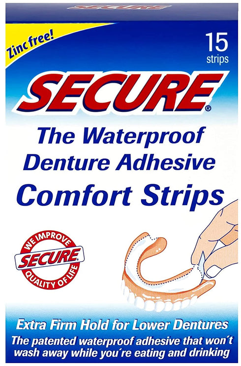 Secure Comfort Strips Waterproof Denture Adhesive - Zinc Free - Extra Firm Hold For Lower Dentures - 15 Strips
