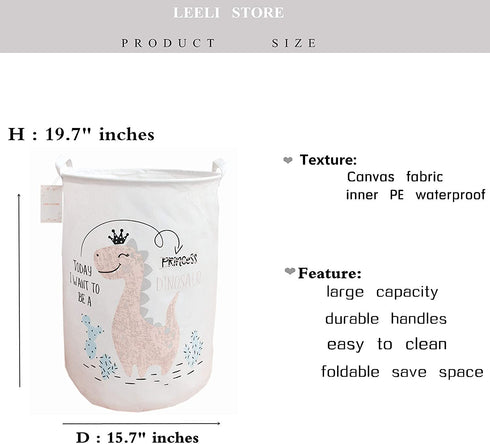 LEELI Laundry Hamper with Handles Collapsible Canvas Laundry Basket,Waterproof Storage Basket Home Organizer for Nursery,Clothes,Toys,Baby Hamper19.7—15.7(pink dinosaur)