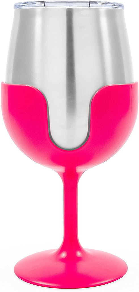 Camco 51915 Stainless Steel Wine Tumbler Set with Removable Fuchsia Pink and Teal Blue Wine Glass Stems- Leak Proof Lid, Vacuum Insulated, BPA Free 8 oz