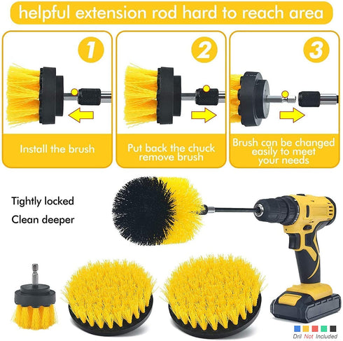 Shieldpro Drill Brush Attachment Set,Power Cleaning Scrub Brush,All Purpose Drill Brushes with Extend Long Attachment for Bathroom and Kitchen Surface,Grout,Tub,Shower,Tile,Corners, Automotive-Yellow