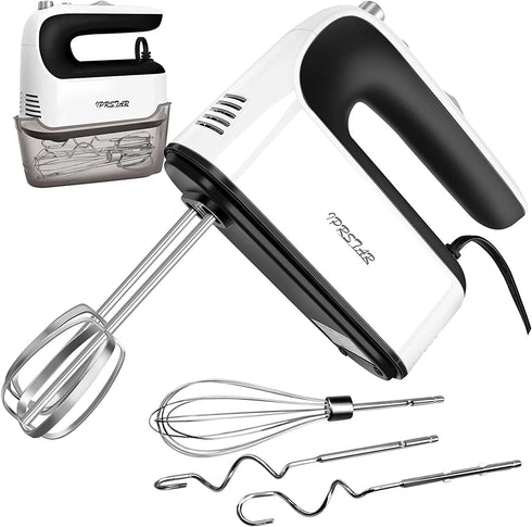 Hand Mixer Electric, IPRSTAR 400W Ultra Power 5 Speed Kitchen Handheld Mixers with Storage Case and 5 304 Stainless Steel Attachments for Easy Whipping, Mixing Brownies, Cakes and Dough Batters, White