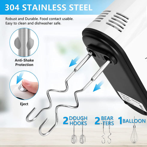 Hand Mixer Electric, IPRSTAR 400W Ultra Power 5 Speed Kitchen Handheld Mixers with Storage Case and 5 304 Stainless Steel Attachments for Easy Whipping, Mixing Brownies, Cakes and Dough Batters, White