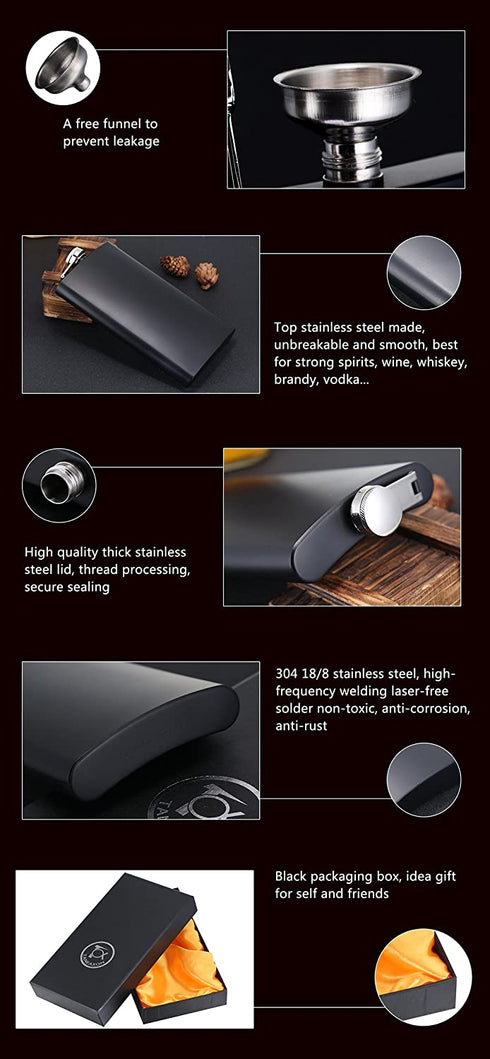 TOX TANEAXON 12 oz Matte Black Pocket Liquor Whiskey Hip Flask with Funnel and Premium Box - Stainless Steel and Leak Proof