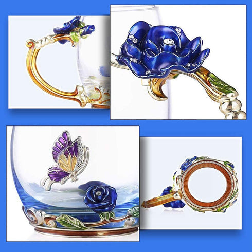 Tea Cup Glass Coffee Mugs Enamel Rose Flower Butterfly Drinking Cups with Spoon Set Unique Gifts for Birthday Wedding Christmas Blue Rose Tall Mug 12oz