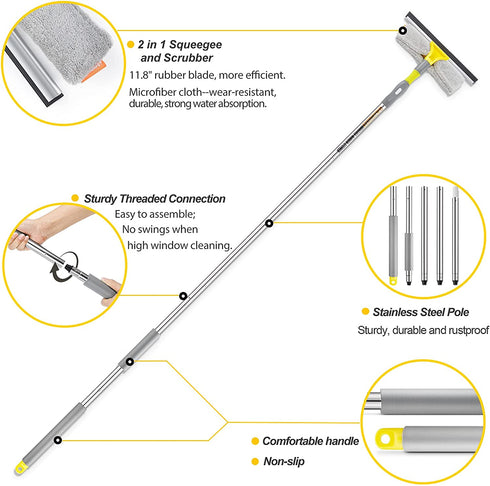 Akcmpet Squeegee for Window Cleaning, 2 in 1 Squeegee and Scrubber Combi, 79" Window Cleaning Tool with 5 Stainless Steel Pole, Window Squeegee Cleaner for Car, Indoor Outdoor High Window (79 inch)