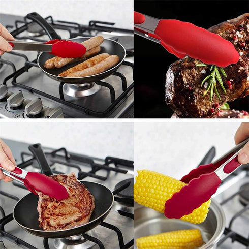 Uigos Kitchen Cooking Food Tongs Stainless Steel With Silicone Heads Locking Clip 2 Piece (9" & 12")