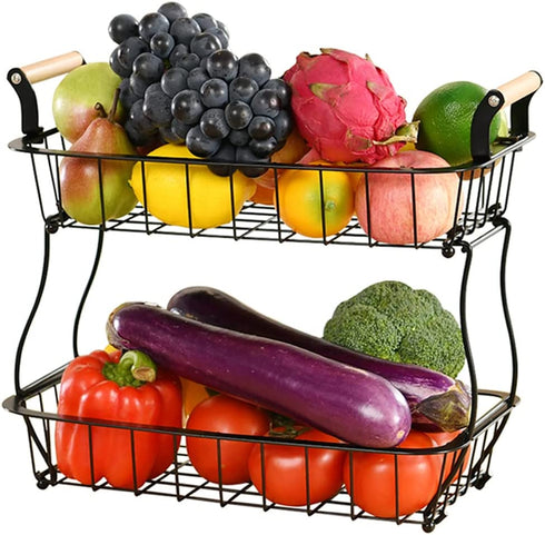 2 Tier Fruit Basket for Kitchen - Countertop Fruits Vegetable Bowl Detachable Metal Rectangular Wire Basket Stand Holder for Fruits Veggies Bread Snacks Organizer Storage