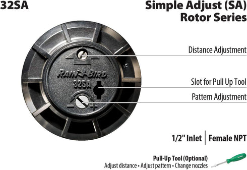 Rain Bird GIDDS-711011 32' Spray Distance 32SA Simple Adjust Gear Drive Rotor, 40° -360° Pattern, 19', Single, Black