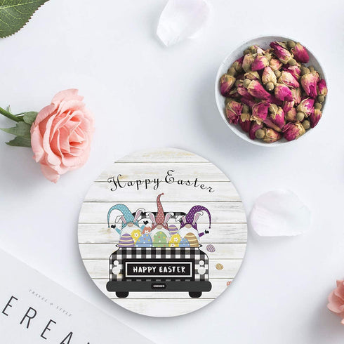 Buffalo Check Plaid Truck Drink Coasters Absorbent Natural Ceramic Stone Bar Coasters Set of 4- Happy Easter Leprechaun and Egg Cup Mat with Cork Backing for Home Kitchen Decorations