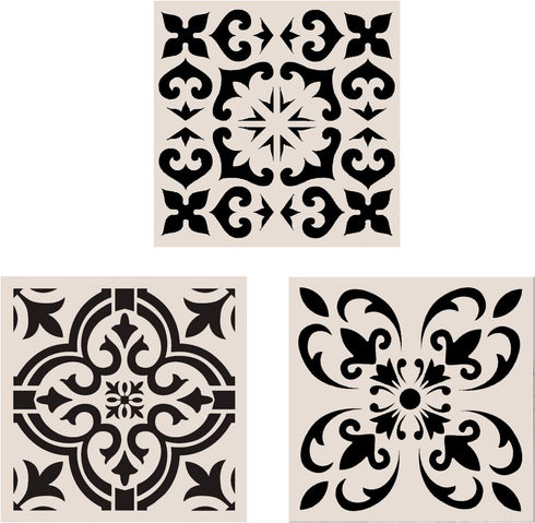 Lindin 3PCS Tile Stencil 12x12 Inch - Large Stencils Painting for Floor Wall Furniture Fabric Wood - Reusable Art Mandala Stencils Painting (Style 2)