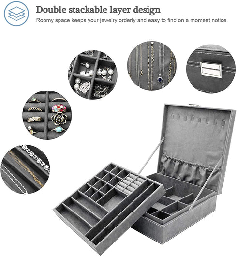 ProCase Jewelry Box Organizer for Women Girls, Two Layer Jewelry Display Storage Holder Case for Necklace Earrings Bracelets Rings Watches -Grey