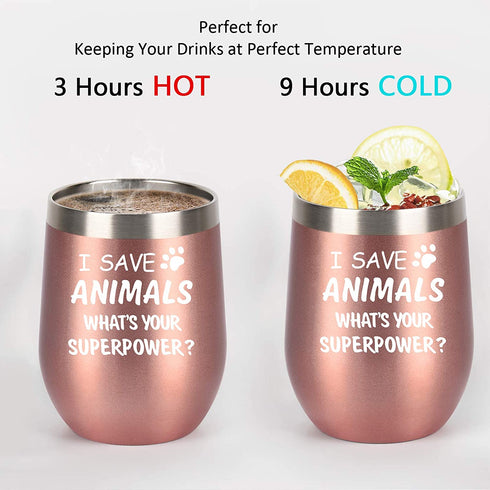 I Save Animals, Whats Your Superpower-Vet Tech Gift Stainless Steel Wine Tumbler with Lid, Birthday Christmas Ideas for Veterinarian Veterinary Technician, Doctor Assistant Graduation(12oz, Rose Gold)