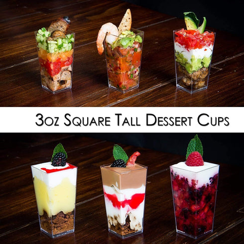 DLux 100 x 3 oz Mini Dessert Cups (no Spoons), Square Tall - Clear Plastic Parfait Appetizer Cup - Small Reusable Serving Bowl for Tasting Party Desserts Appetizers - With Recipe eBook