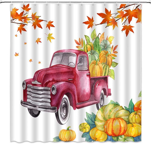 Watercolor Red Car Shower Curtains Farm Truck Pumpkin Maple Leaf Autumn Scenery Pattern Print Bathroom Decor Polyester Fabric Home Bath Cloth Hanging Curtain Set 70 x 70 Inch with Hooks
