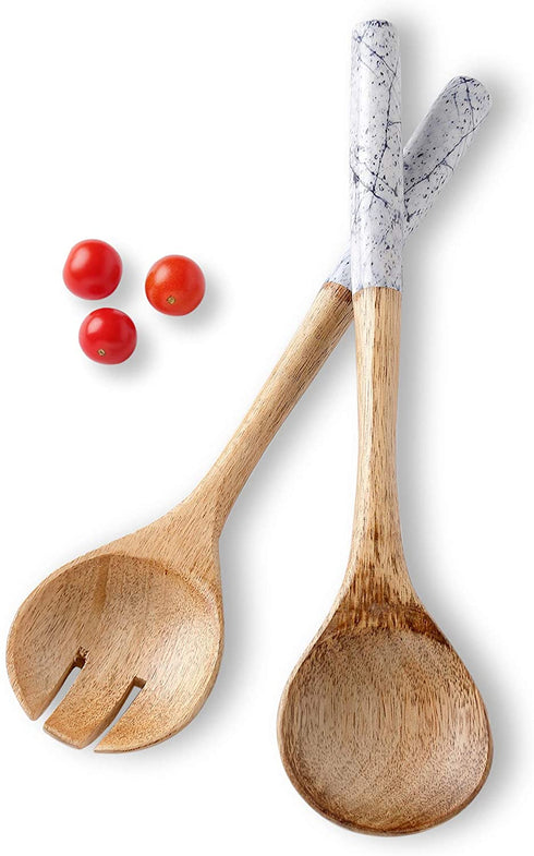 Folkulture Salad Servers or Salad Tongs, Wooden Utensils for Serving Salad, 12-inch Spoon and Fork Set, Mango Wood, Blue Servers