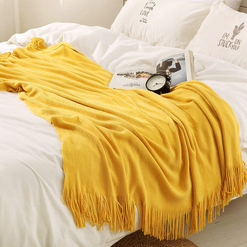 Homiest Decorative Knitted Throw Blanket with Fringe Soft & Cozy Tassel Blanket for Couch Sofa Bed (Yellow,50x60)