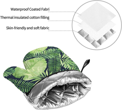 Tropical Palm Leaf Oven Mitts and Pot Holders 4pcs Set, 500„‰ Heat Resistant Oven Mitts Gloves 3D Printed Cooking Gloves for Kitchen, Cooking, Baking, BBQ Green