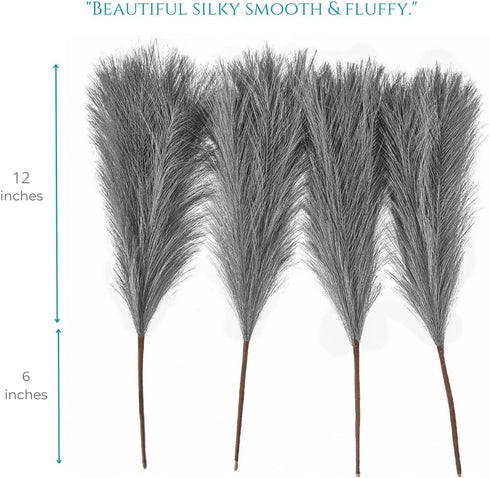 Dried Pampas Grass Decor - Royal Grey Faux Pampas Grass - 4 Pc Set Beautiful Dried Pampas Grass Small - Vase Fillers for Home Decor - 18" Total - Glam Decor - Regal Living Inc