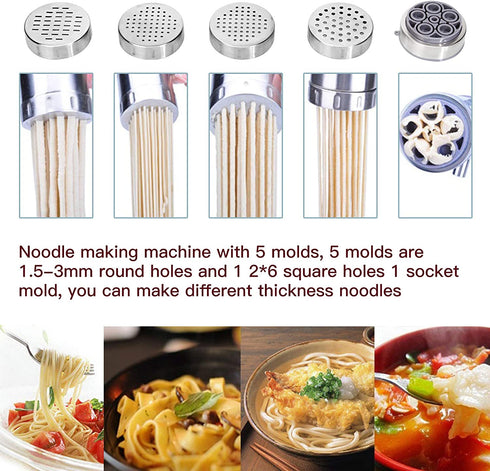 Manual Noodle Pasta Maker Spaghetti Kitchen Tool Stainless Steel Press Machine Press Machine Pasta Maker with 5 Noodle Mould Fruit Juicer Squeezer (18.5x14cm)