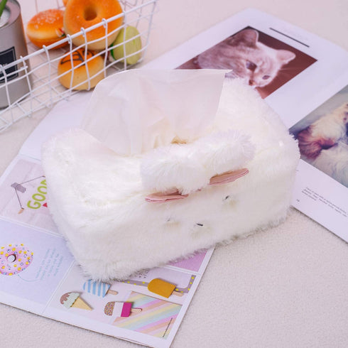 SQUISHY DOT Tissue Holder Decorative, Cute Tissue Box Cover, Fluffy Plush Cover, Home décor, Office Desk Decoration, car Accessories, Bunny, Rabbit (White, Fluffy Rectangle)