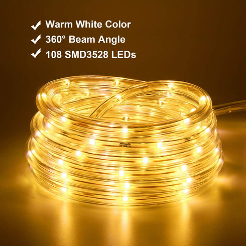 LED Rope Lights, 16ft Warm White Strip Lights, Connectable and Flexible Tape Lights with Fuse Holder, Clear Thick PVC Jacket and High Brightness Advanced LEDs, Waterproof for Indoor Outdoor Use