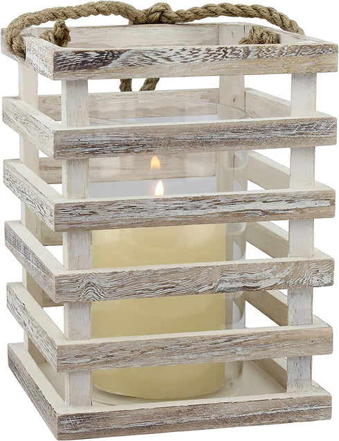 Stonebriar SB-5080B Worn White Wooden Beach House Candle Lantern with Rope Handle and Removable Glass Cylinder Hurricane, MEDIUM