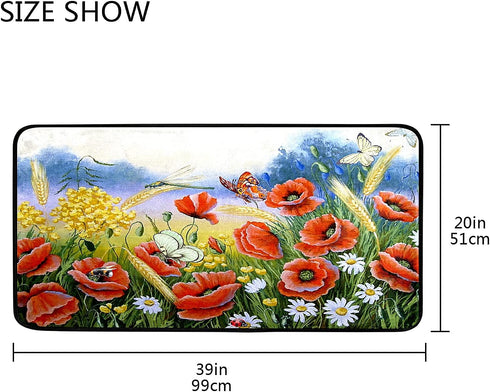Spring Poppy Kitchen Rug Sunflower Daisy Butterfly Kitchen Mat Chamomile Bee Floral Leaves Floor Mat Non Slip Area Rugs for Home Decor 39" X 20"