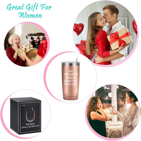 My Favorite Child Gave Me This Cup Travel Tumbler with Lid, Mom Gifts for Mom Dad Women, Birthday Mother's Day Gifts from Daughter Son Kids, 20 Oz Insulated Stainless Steel Wine Tumbler, Rose Gold