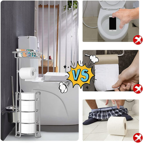 TomCare Toilet Paper Holder Toilet Paper Stand with Raised Feet Metal Bathroom Accessories Tissue Paper Dispenser Free Standing Toilet Paper Roll with Storage Shelf Bathroom Storage Organization