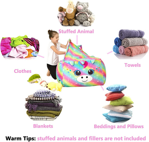 MHJY Unicorn Bean Bag Stuffed Animal Storage Beanbag Chair Cover for Kids Plush Toys Blankets Storage Bag (No Beans)