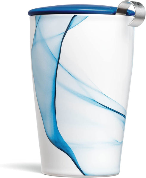 Tea Forte Kati Cup Bleu, Ceramic Tea Infuser Cup with Infuser Basket and Lid for Steeping Loose Leaf Tea